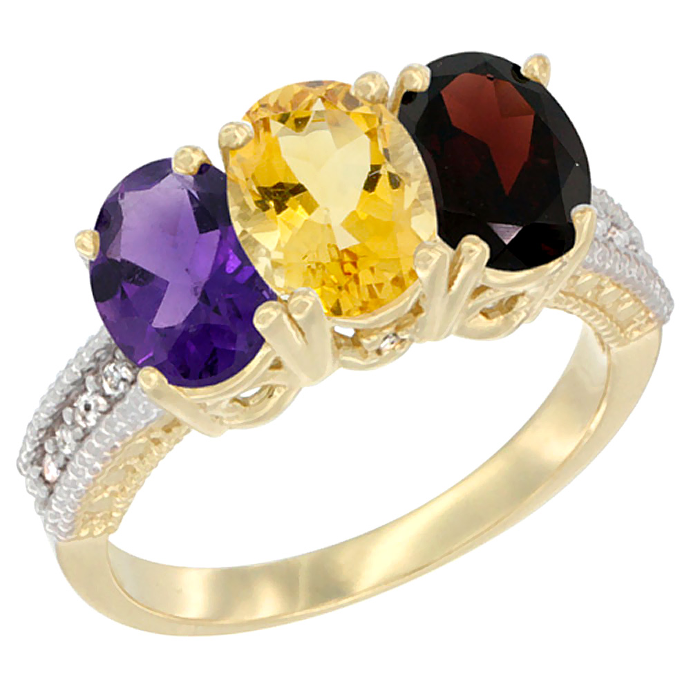 14K Yellow Gold Natural Amethyst, Citrine & Garnet Ring 3-Stone 7x5 mm Oval Diamond Accent, sizes 5 - 10