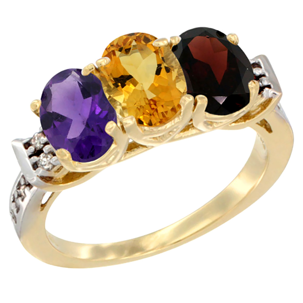 14K Yellow Gold Natural Amethyst, Citrine & Garnet Ring 3-Stone 7x5 mm Oval Diamond Accent, sizes 5 - 10