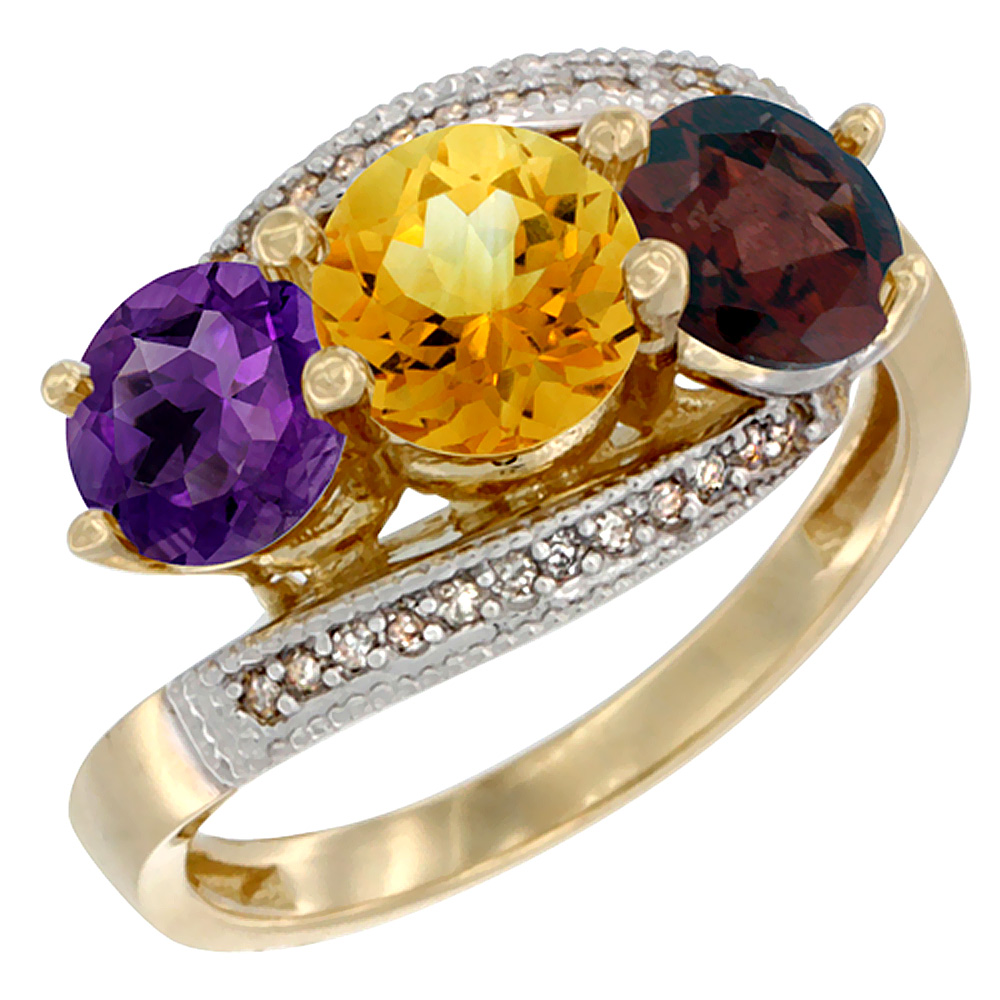 14K Yellow Gold Natural Amethyst, Citrine &amp; Garnet 3 stone Ring Round 6mm Diamond Accent, sizes 5 - 10