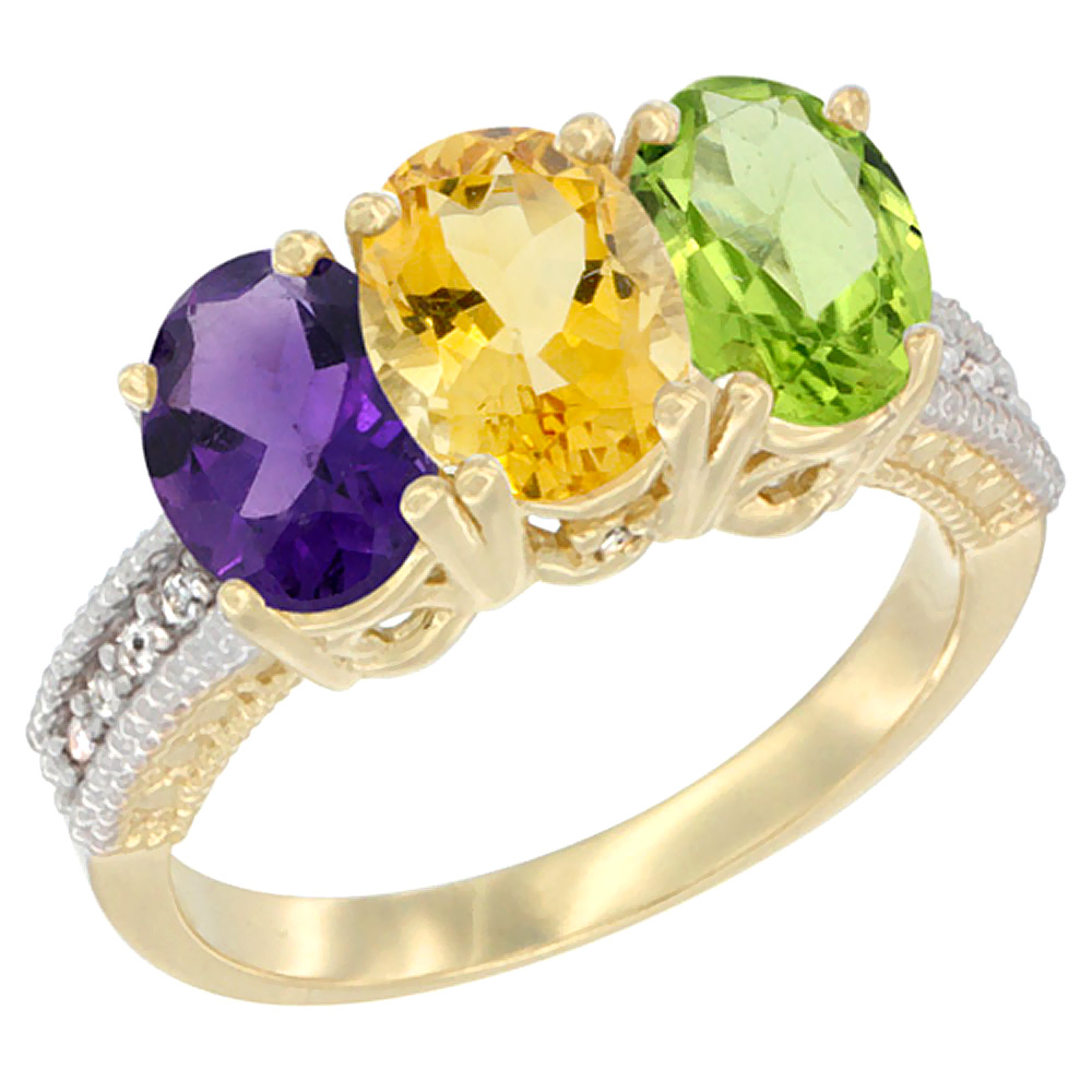 14K Yellow Gold Natural Amethyst, Citrine & Peridot Ring 3-Stone 7x5 mm Oval Diamond Accent, sizes 5 - 10