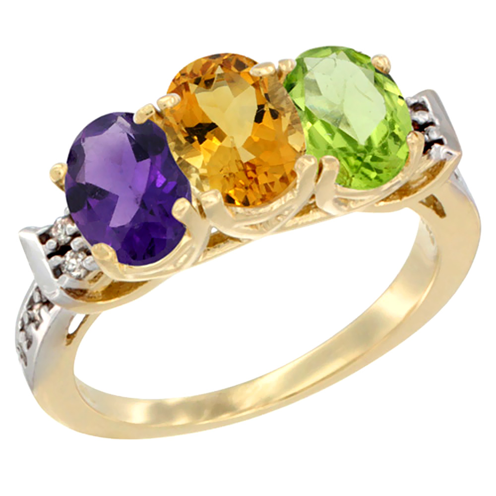 14K Yellow Gold Natural Amethyst, Citrine & Peridot Ring 3-Stone 7x5 mm Oval Diamond Accent, sizes 5 - 10