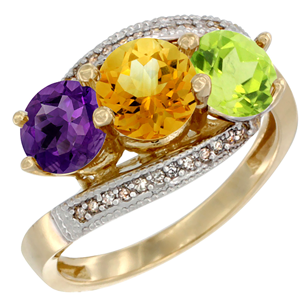 10K Yellow Gold Natural Amethyst, Citrine &amp; Peridot 3 stone Ring Round 6mm Diamond Accent, sizes 5 - 10