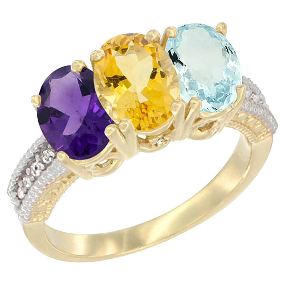 14K Yellow Gold Natural Amethyst, Citrine &amp; Aquamarine Ring 3-Stone 7x5 mm Oval Diamond Accent, sizes 5 - 10