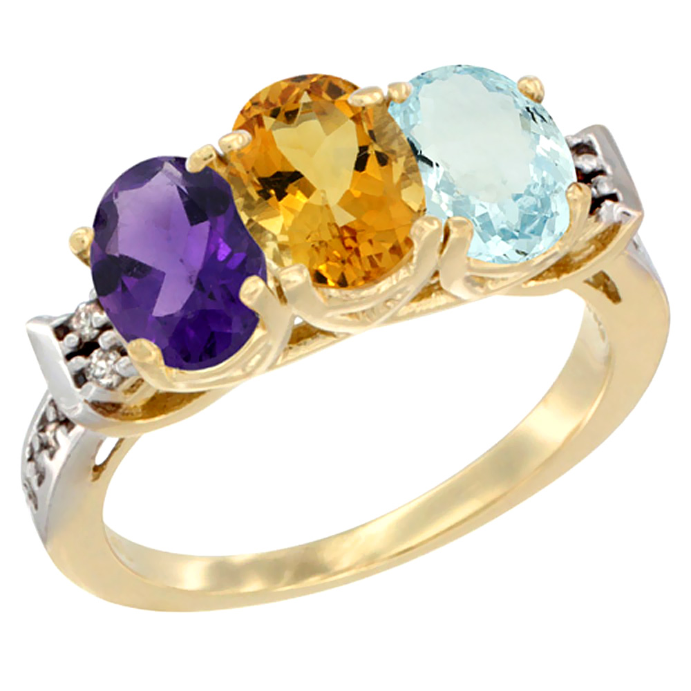 10K Yellow Gold Natural Amethyst, Citrine & Aquamarine Ring 3-Stone Oval 7x5 mm Diamond Accent, sizes 5 - 10