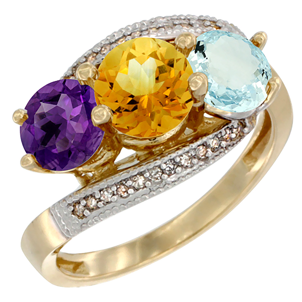 10K Yellow Gold Natural Amethyst, Citrine &amp; Aquamarine 3 stone Ring Round 6mm Diamond Accent, sizes 5 - 10