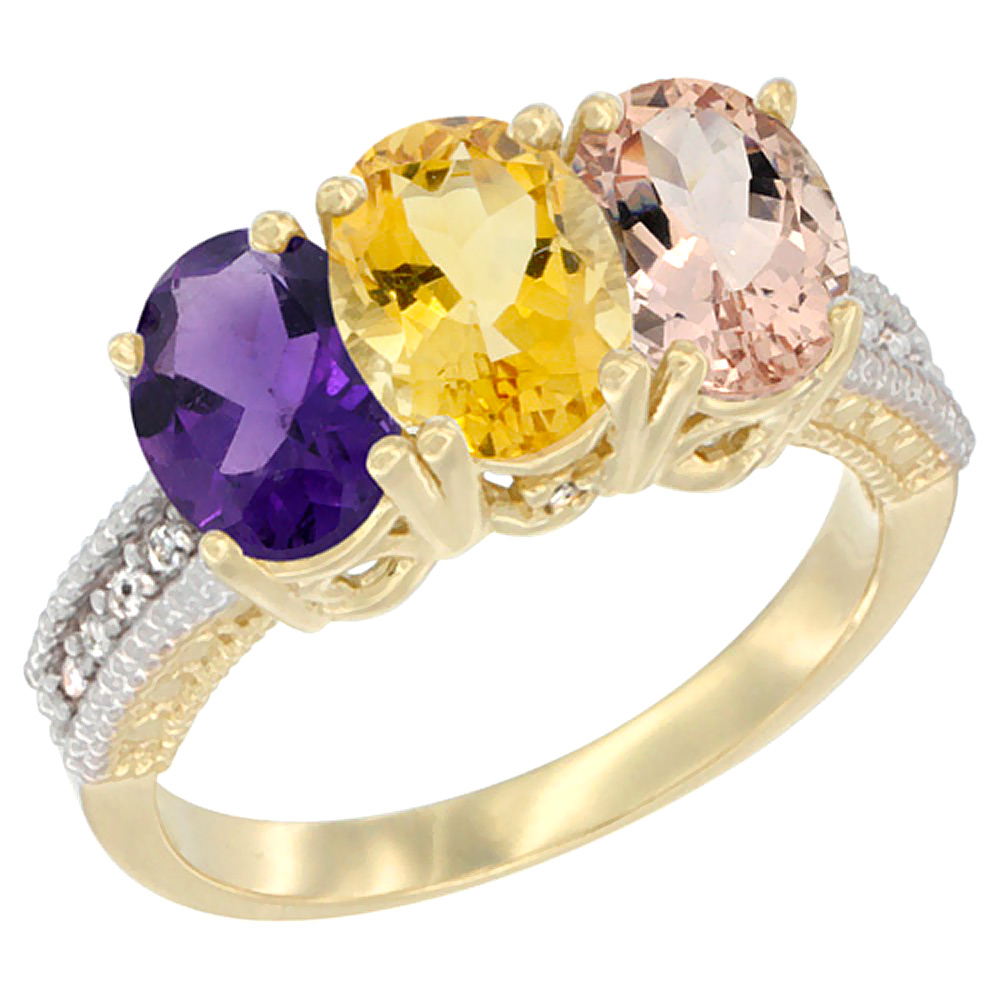 14K Yellow Gold Natural Amethyst, Citrine & Morganite Ring 3-Stone 7x5 mm Oval Diamond Accent, sizes 5 - 10