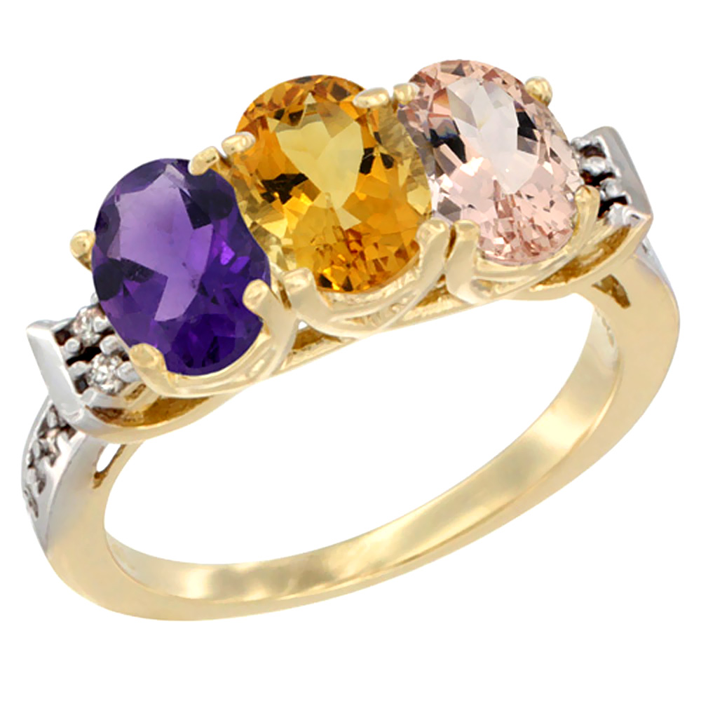 14K Yellow Gold Natural Amethyst, Citrine & Morganite Ring 3-Stone 7x5 mm Oval Diamond Accent, sizes 5 - 10