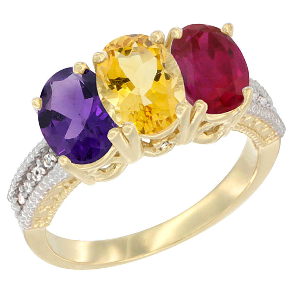 14K Yellow Gold Natural Amethyst, Citrine &amp; Enhanced Ruby Ring 3-Stone 7x5 mm Oval Diamond Accent, sizes 5 - 10