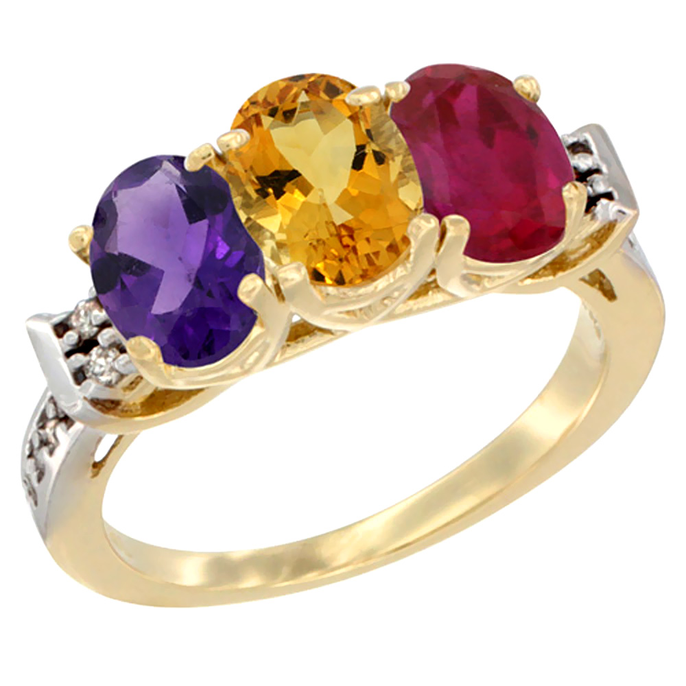 14K Yellow Gold Natural Amethyst, Citrine & Enhanced Ruby Ring 3-Stone 7x5 mm Oval Diamond Accent, sizes 5 - 10