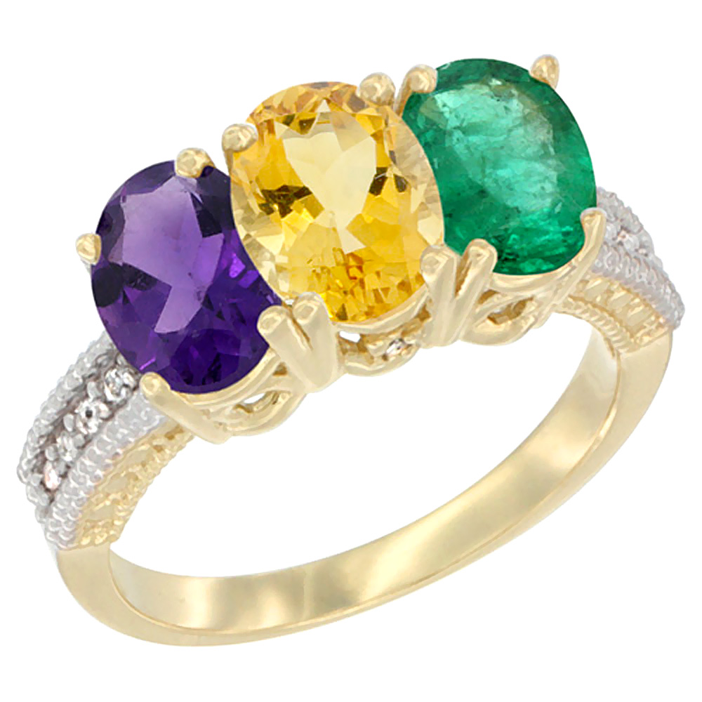 14K Yellow Gold Natural Amethyst, Citrine & Emerald Ring 3-Stone 7x5 mm Oval Diamond Accent, sizes 5 - 10