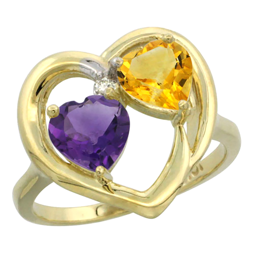 14K Yellow Gold Diamond Two-stone Heart Ring 6mm Natural Amethyst &amp; Citrine, sizes 5-10