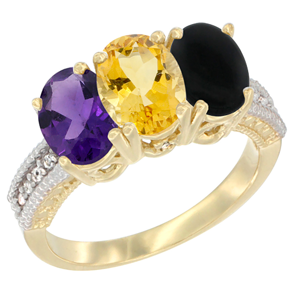 14K Yellow Gold Natural Amethyst, Citrine & Black Onyx Ring 3-Stone 7x5 mm Oval Diamond Accent, sizes 5 - 10