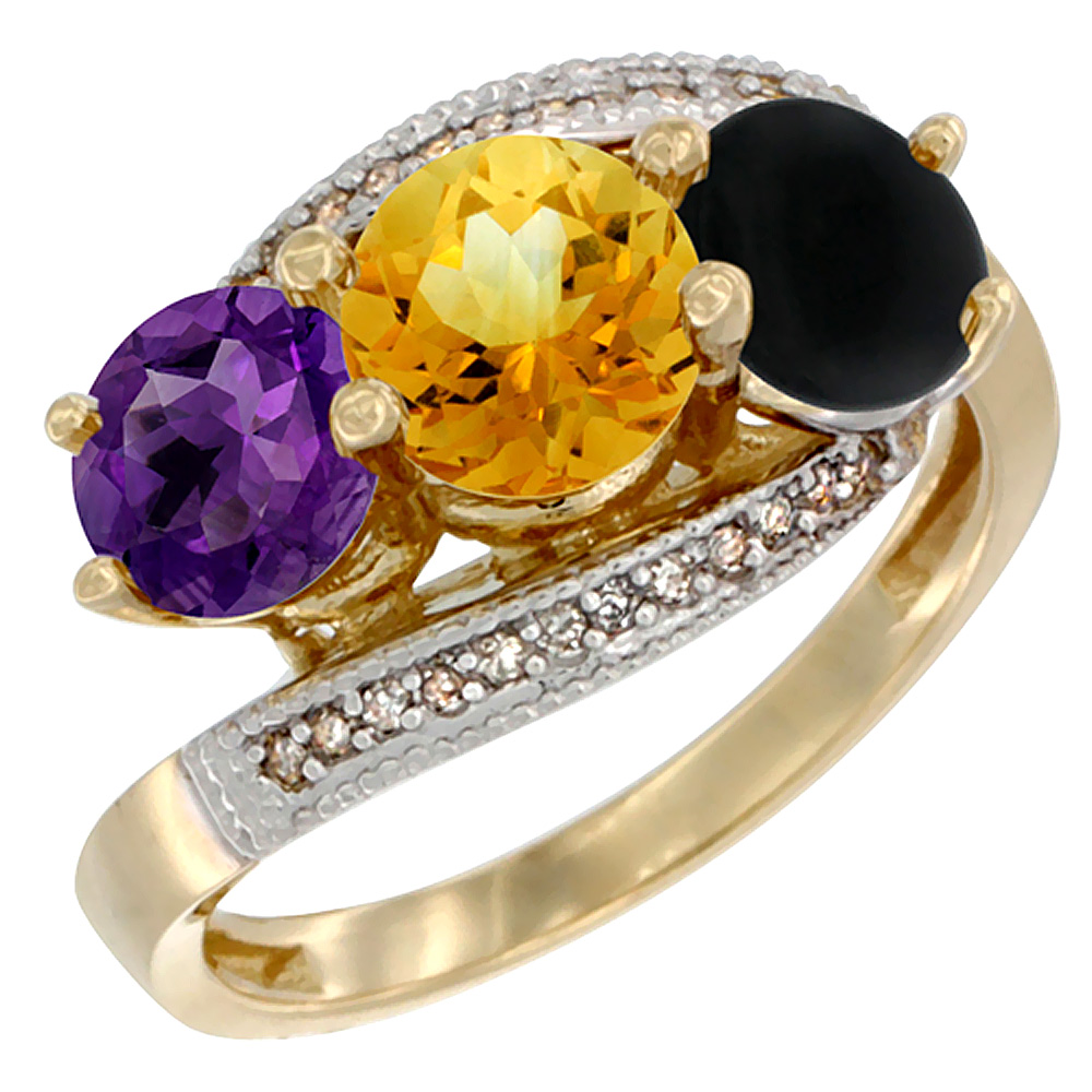 10K Yellow Gold Natural Amethyst, Citrine & Black Onyx 3 stone Ring Round 6mm Diamond Accent, sizes 5 - 10