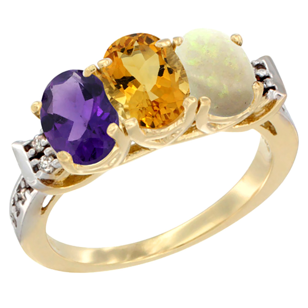 14K Yellow Gold Natural Amethyst, Citrine & Opal Ring 3-Stone 7x5 mm Oval Diamond Accent, sizes 5 - 10