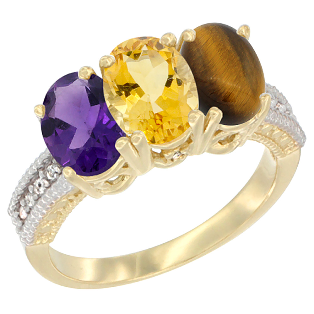 10K Yellow Gold Diamond Natural Amethyst, Citrine & Tiger Eye Ring Oval 3-Stone 7x5 mm,sizes 5-10