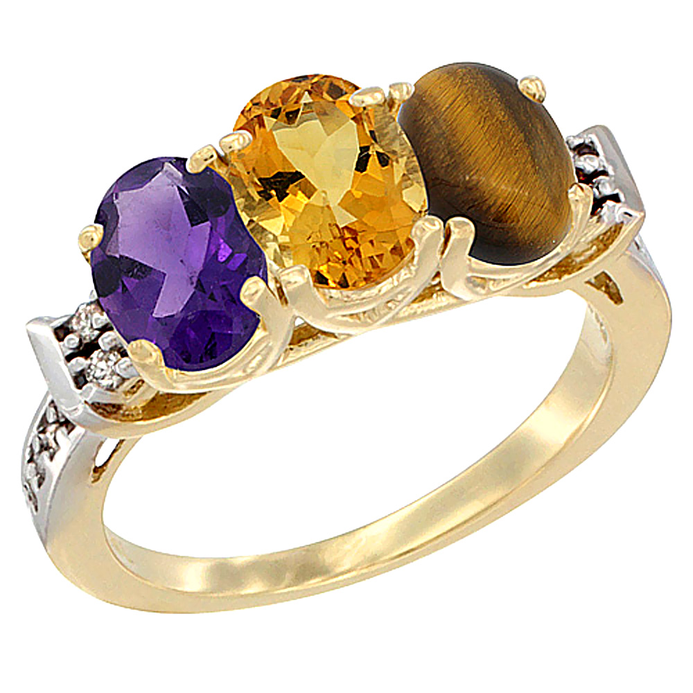 14K Yellow Gold Natural Amethyst, Citrine & Tiger Eye Ring 3-Stone 7x5 mm Oval Diamond Accent, sizes 5 - 10