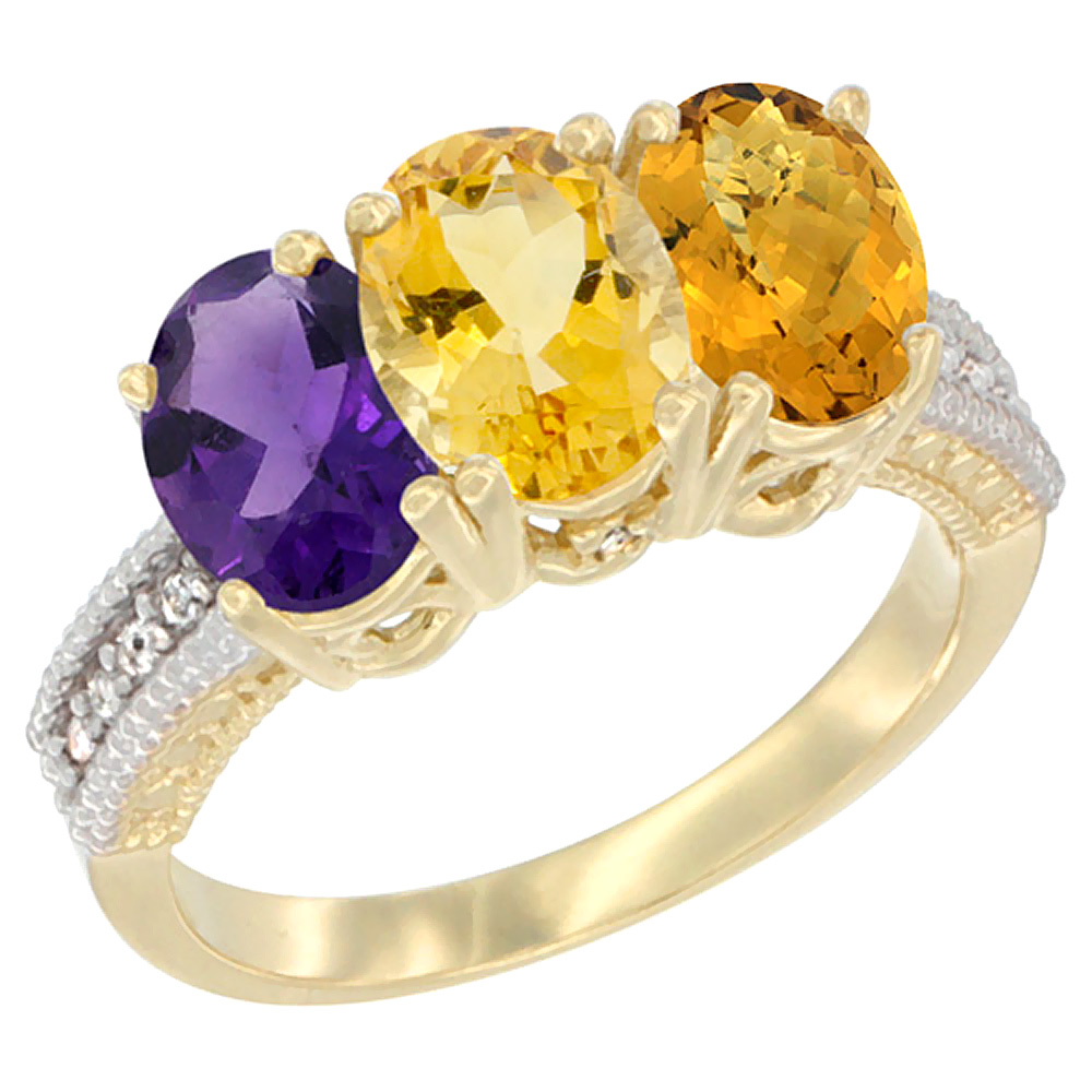 10K Yellow Gold Diamond Natural Amethyst, Citrine &amp; Whisky Quartz Ring Oval 3-Stone 7x5 mm,sizes 5-10