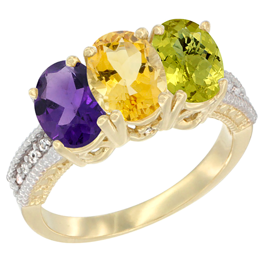 14K Yellow Gold Natural Amethyst, Citrine & Lemon Quartz Ring 3-Stone 7x5 mm Oval Diamond Accent, sizes 5 - 10