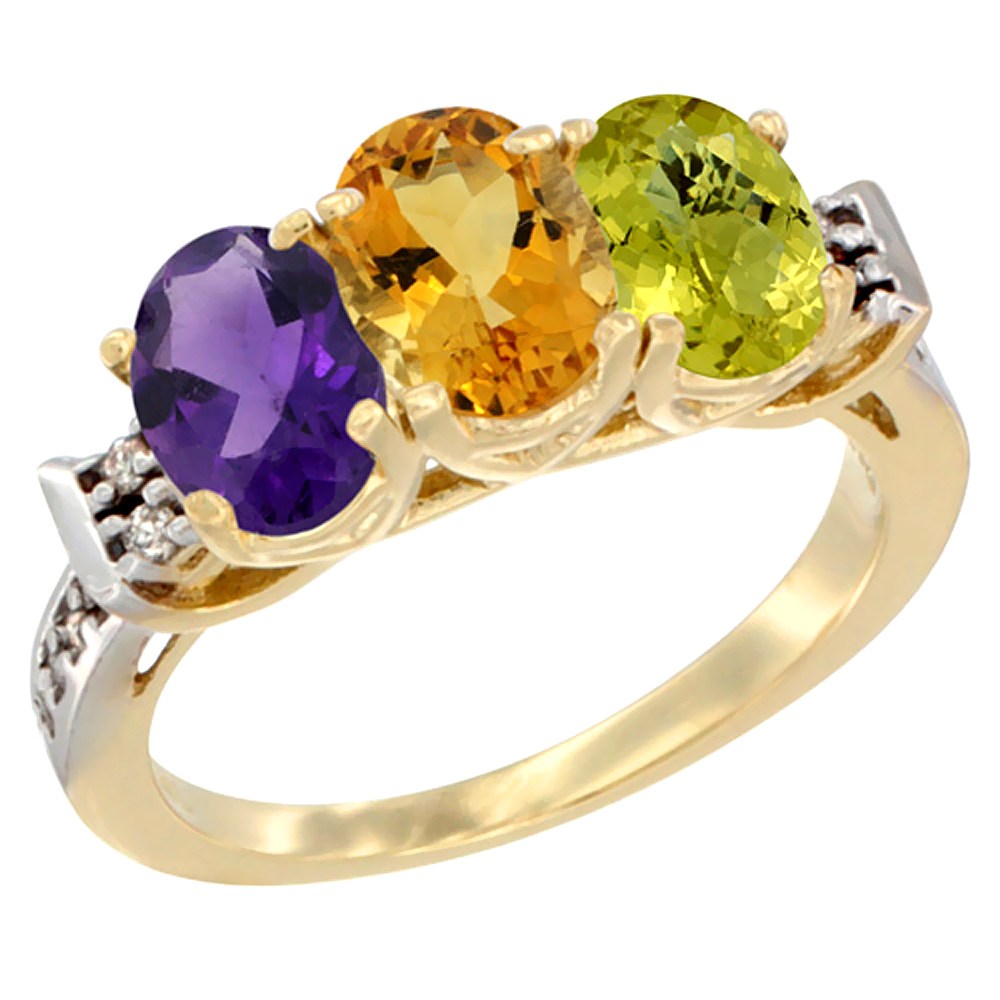 14K Yellow Gold Natural Amethyst, Citrine & Lemon Quartz Ring 3-Stone 7x5 mm Oval Diamond Accent, sizes 5 - 10