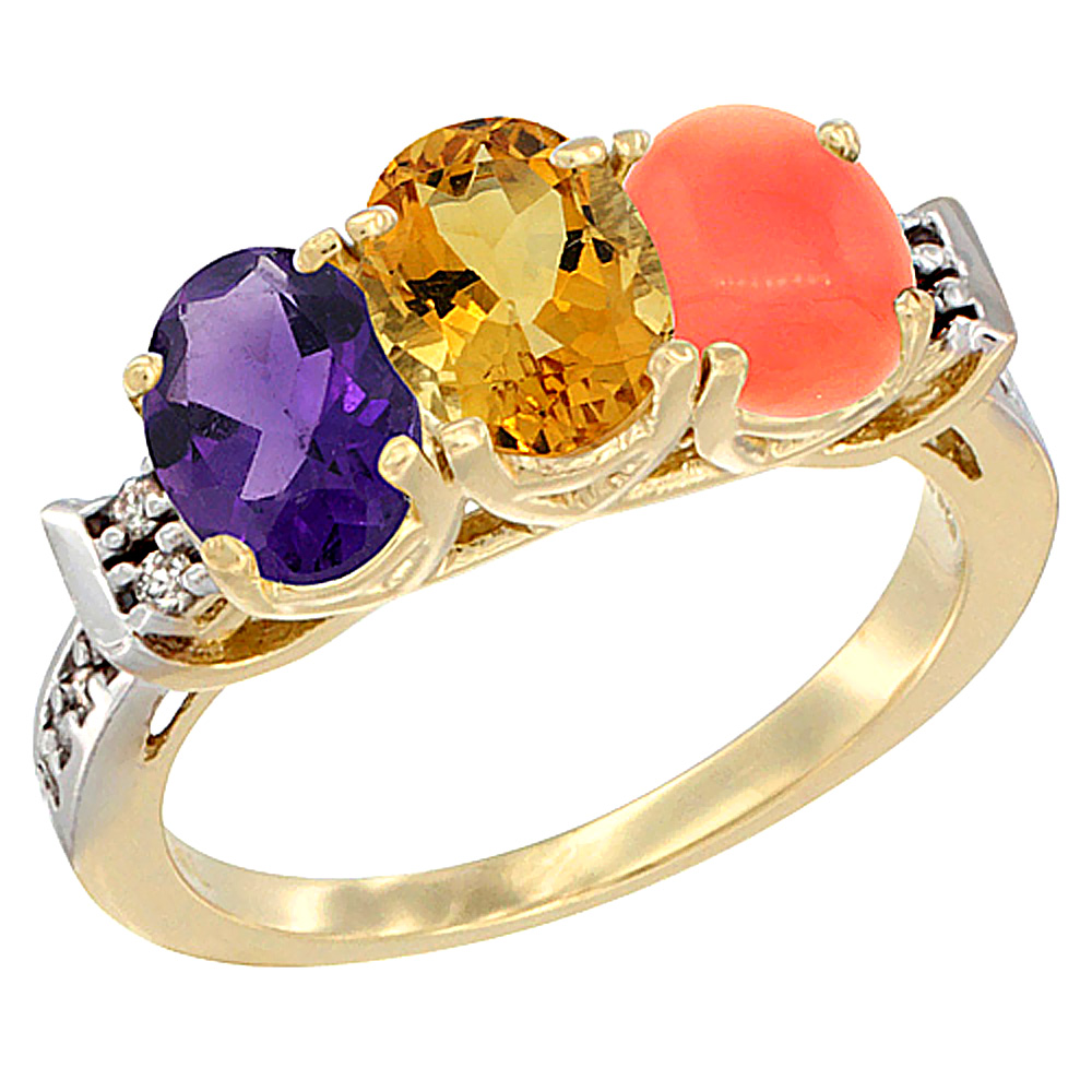 14K Yellow Gold Natural Amethyst, Citrine & Coral Ring 3-Stone 7x5 mm Oval Diamond Accent, sizes 5 - 10