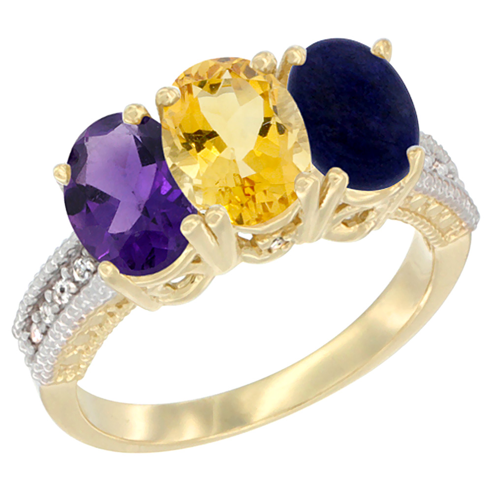 10K Yellow Gold Diamond Natural Amethyst, Citrine & Lapis Ring Oval 3-Stone 7x5 mm,sizes 5-10