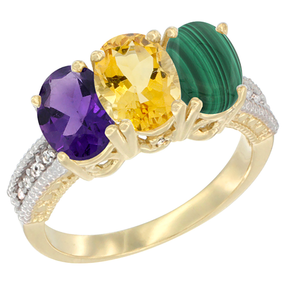 14K Yellow Gold Natural Amethyst, Citrine & Malachite Ring 3-Stone 7x5 mm Oval Diamond Accent, sizes 5 - 10