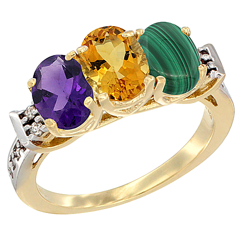 14K Yellow Gold Natural Amethyst, Citrine & Malachite Ring 3-Stone 7x5 mm Oval Diamond Accent, sizes 5 - 10