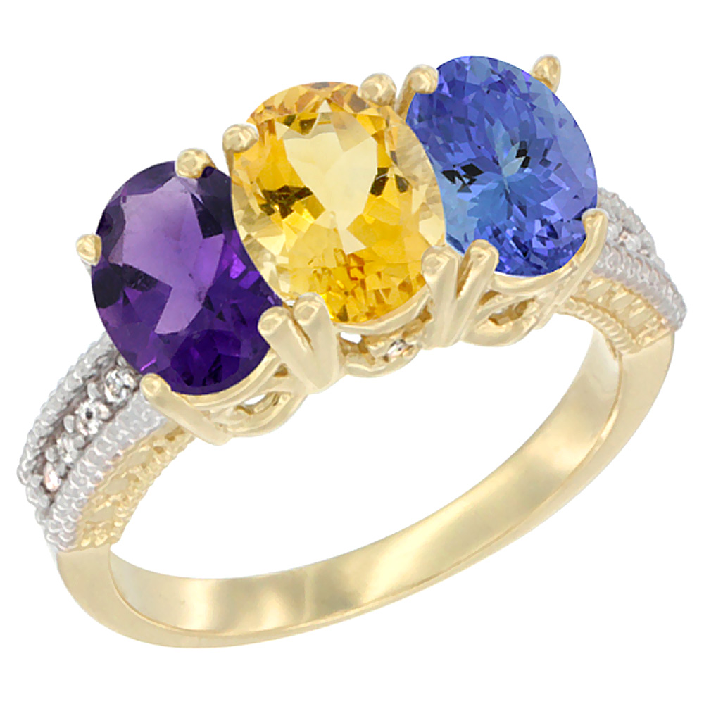 10K Yellow Gold Diamond Natural Amethyst, Citrine & Tanzanite Ring Oval 3-Stone 7x5 mm,sizes 5-10