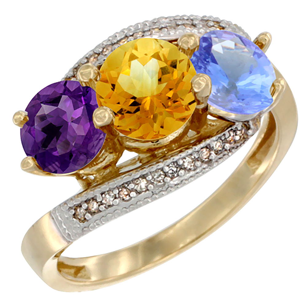 10K Yellow Gold Natural Amethyst, Citrine & Tanzanite 3 stone Ring Round 6mm Diamond Accent, sizes 5 - 10