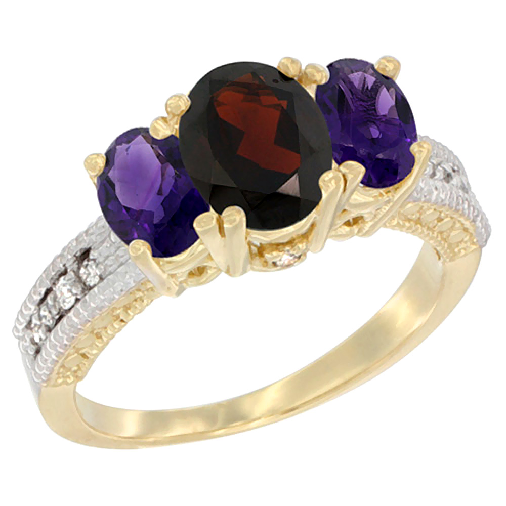 14K Yellow Gold Diamond Natural Garnet Ring Oval 3-stone with Amethyst, sizes 5 - 10
