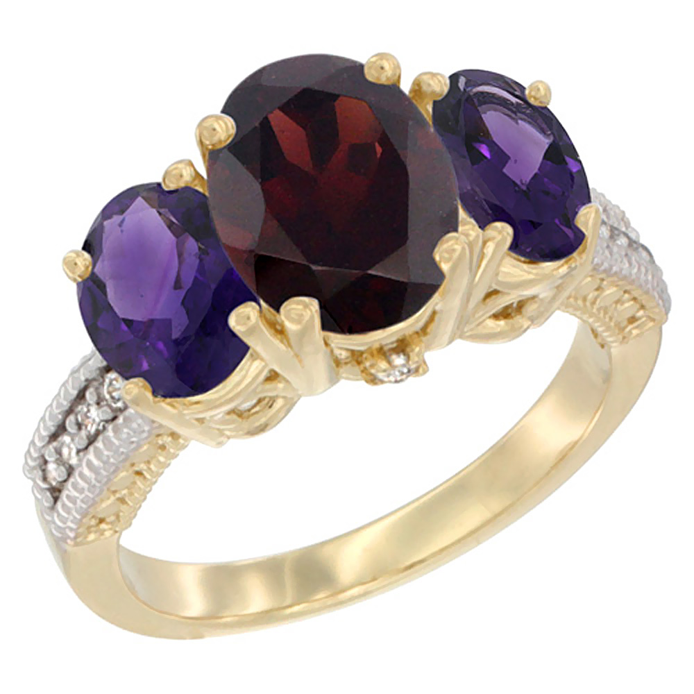 14K Yellow Gold Diamond Natural Garnet Ring 3-Stone Oval 8x6mm with Amethyst, sizes5-10