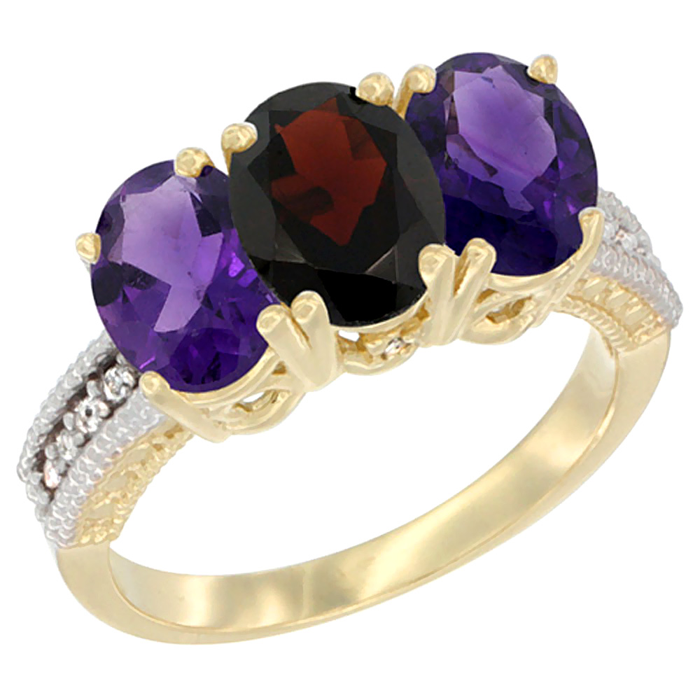 14K Yellow Gold Natural Garnet & Amethyst Ring 3-Stone 7x5 mm Oval Diamond Accent, sizes 5 - 10