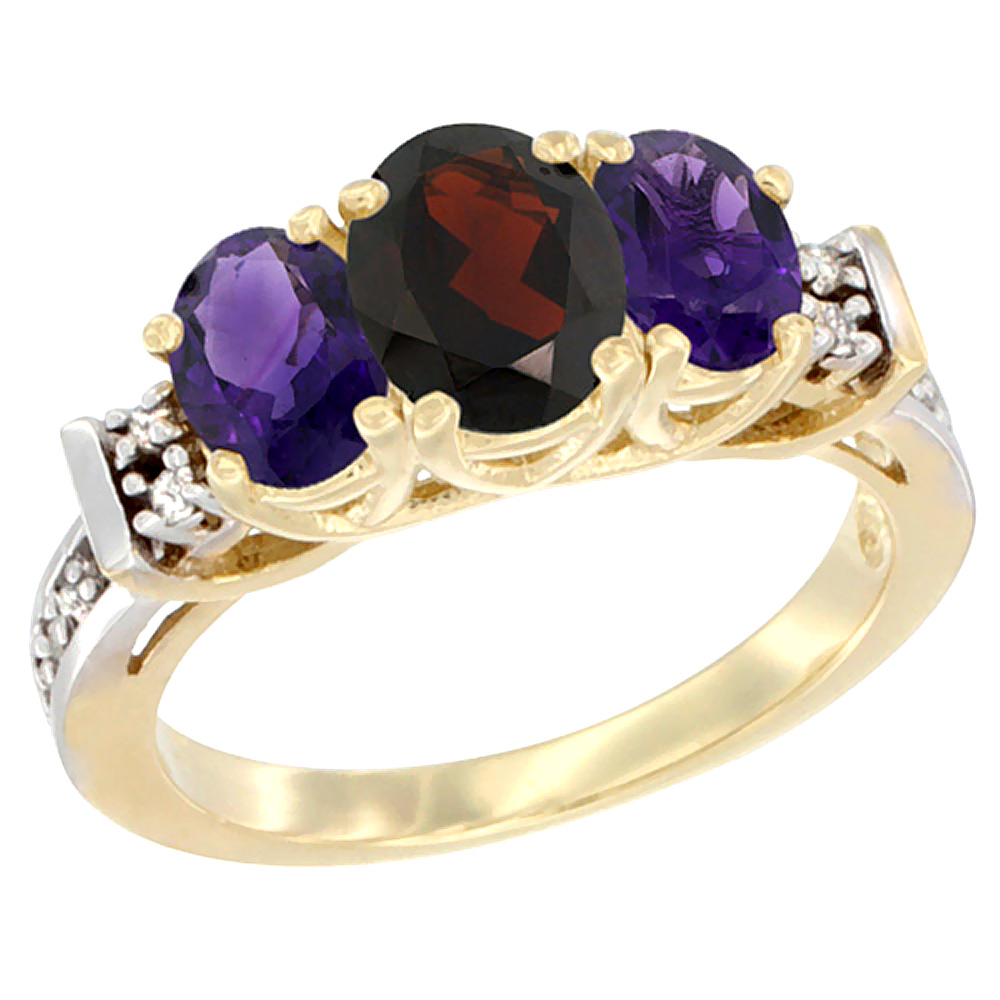 14K Yellow Gold Natural Garnet & Amethyst Ring 3-Stone Oval Diamond Accent