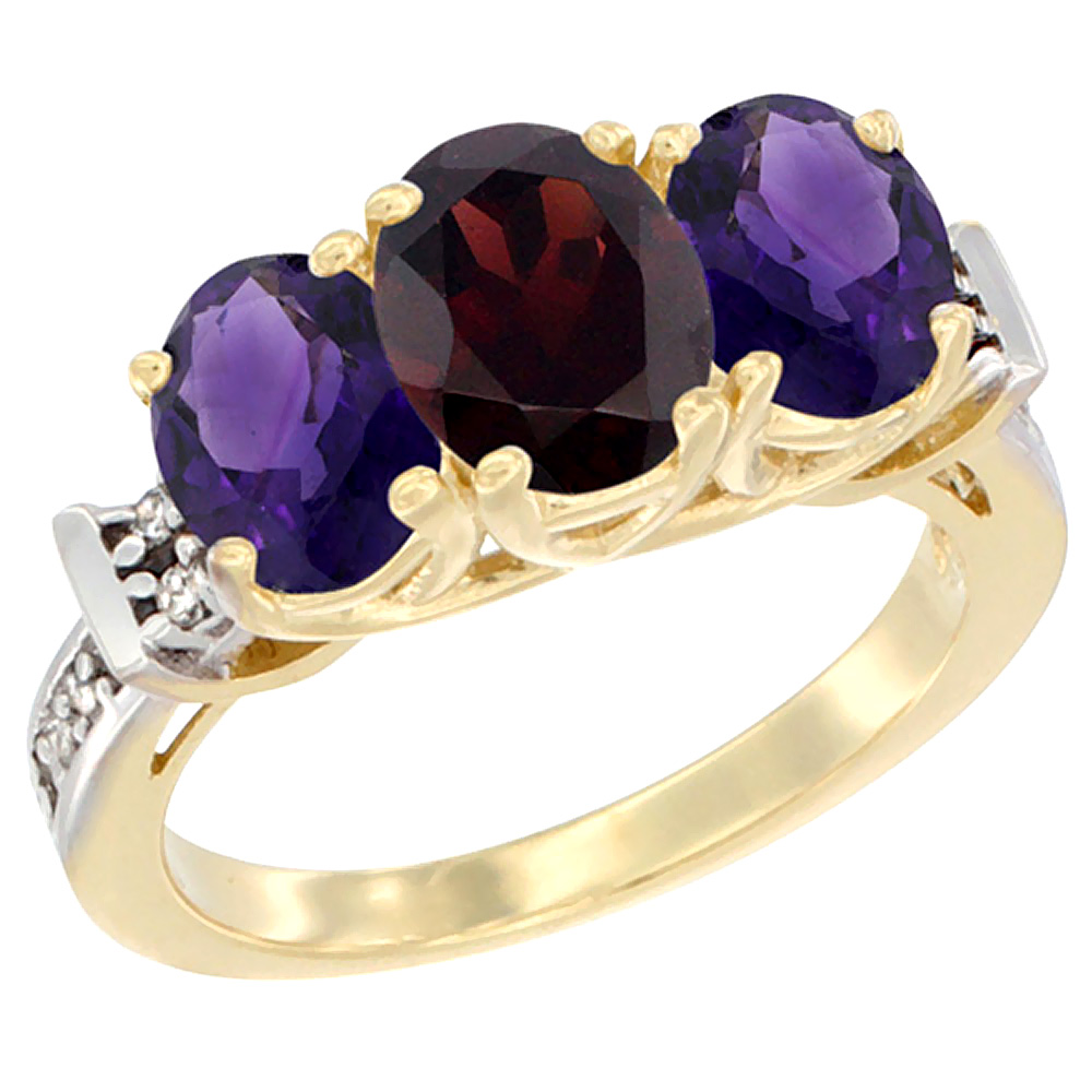 14K Yellow Gold Natural Garnet & Amethyst Sides Ring 3-Stone Oval Diamond Accent, sizes 5 - 10