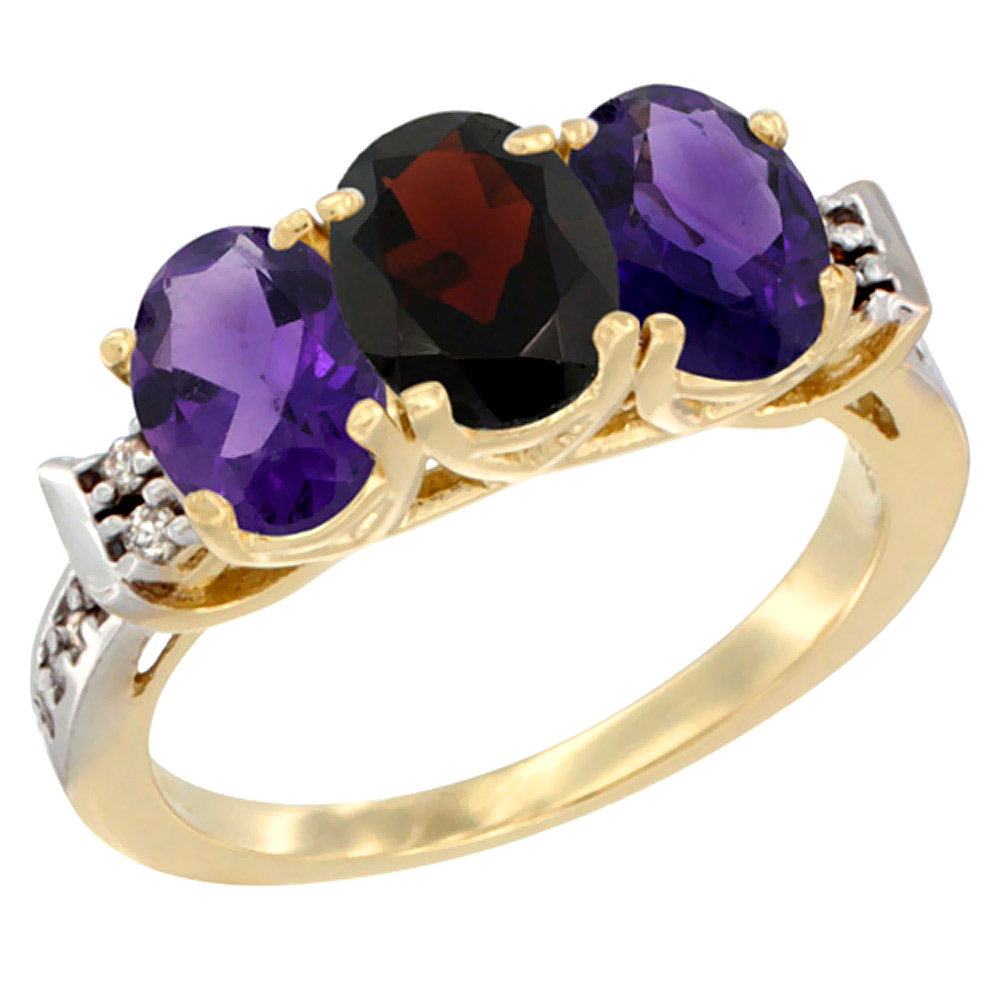 10K Yellow Gold Natural Garnet & Amethyst Sides Ring 3-Stone Oval 7x5 mm Diamond Accent, sizes 5 - 10