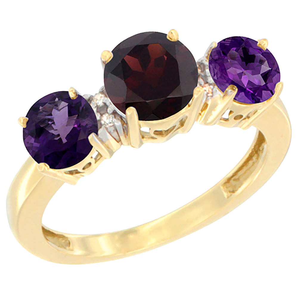 14K Yellow Gold Round 3-Stone Natural Garnet Ring & Amethyst Sides Diamond Accent, sizes 5 - 10