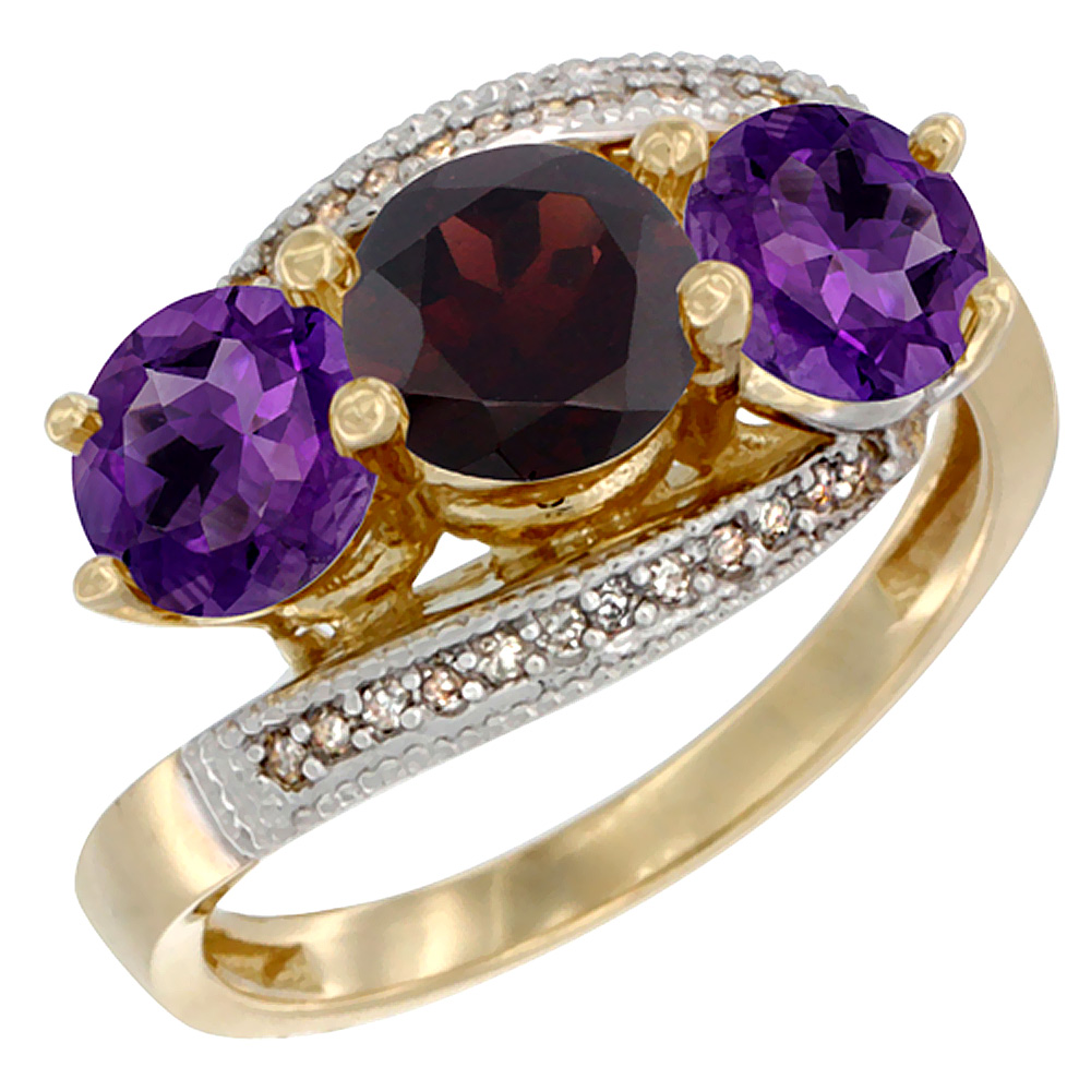 14K Yellow Gold Natural Garnet & Amethyst Sides 3 stone Ring Round 6mm Diamond Accent, sizes 5 - 10
