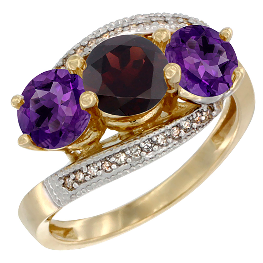 14K Yellow Gold Natural Garnet &amp; Amethyst Sides 3 stone Ring Round 6mm Diamond Accent, sizes 5 - 10