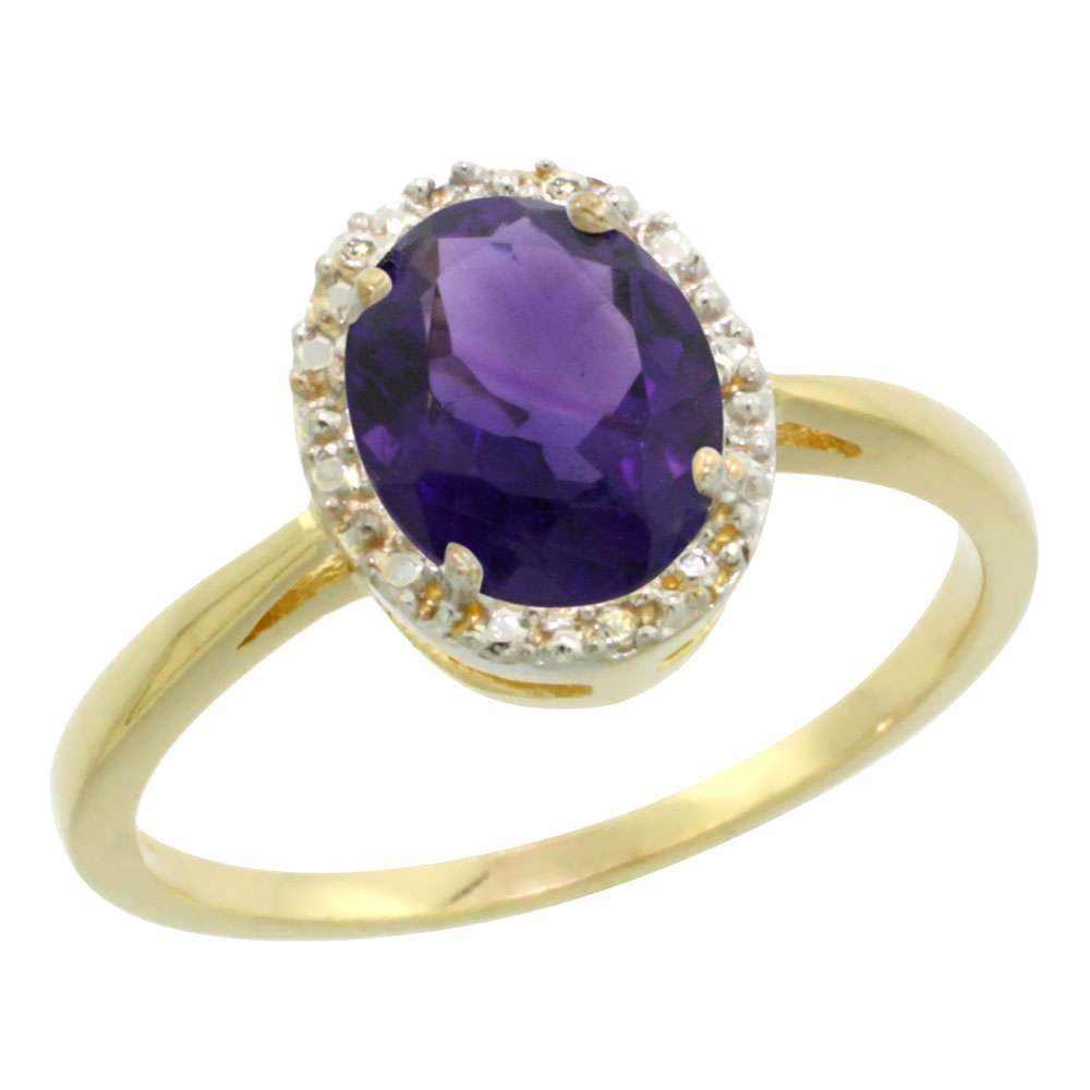 14K Yellow Gold Natural Amethyst Diamond Halo Ring Oval 8X6mm, sizes 5-10