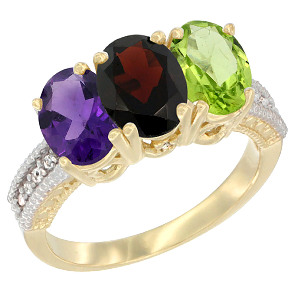 14K Yellow Gold Natural Amethyst, Garnet &amp; Peridot Ring 3-Stone 7x5 mm Oval Diamond Accent, sizes 5 - 10