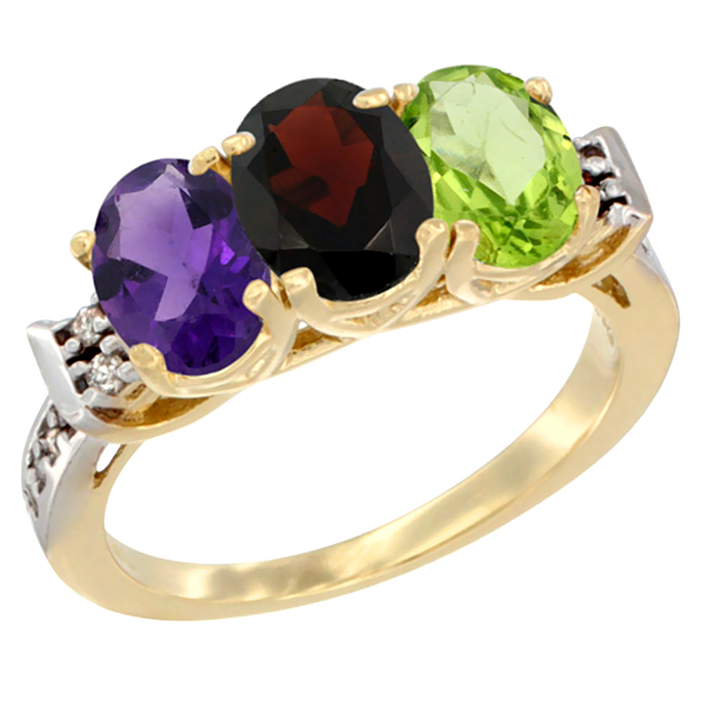 14K Yellow Gold Natural Amethyst, Garnet & Peridot Ring 3-Stone 7x5 mm Oval Diamond Accent, sizes 5 - 10