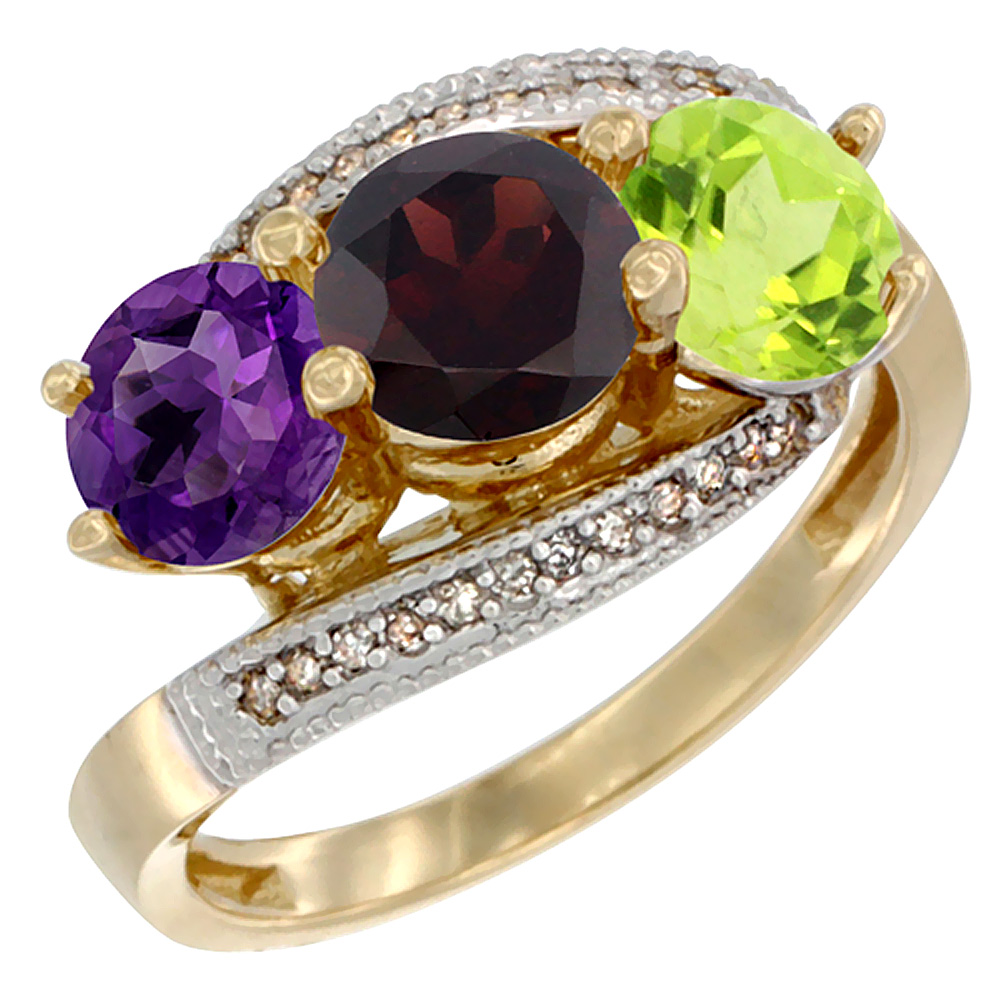 14K Yellow Gold Natural Amethyst, Garnet &amp; Peridot 3 stone Ring Round 6mm Diamond Accent, sizes 5 - 10