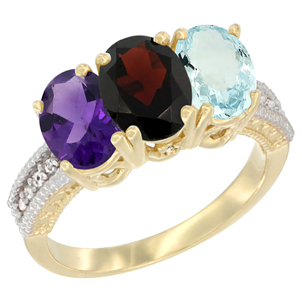 14K Yellow Gold Natural Amethyst, Garnet &amp; Aquamarine Ring 3-Stone 7x5 mm Oval Diamond Accent, sizes 5 - 10