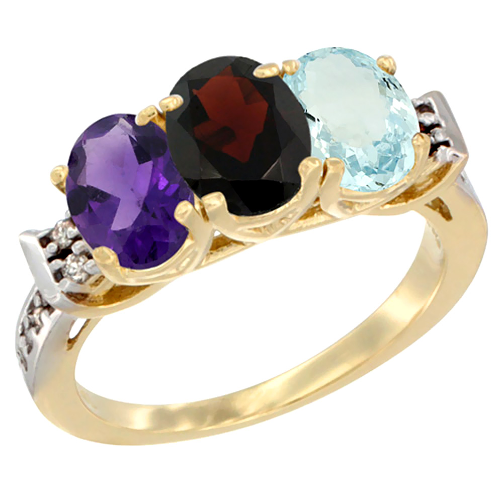 10K Yellow Gold Natural Amethyst, Garnet &amp; Aquamarine Ring 3-Stone Oval 7x5 mm Diamond Accent, sizes 5 - 10