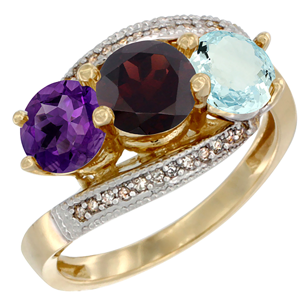 14K Yellow Gold Natural Amethyst, Garnet & Aquamarine 3 stone Ring Round 6mm Diamond Accent, sizes 5 - 10