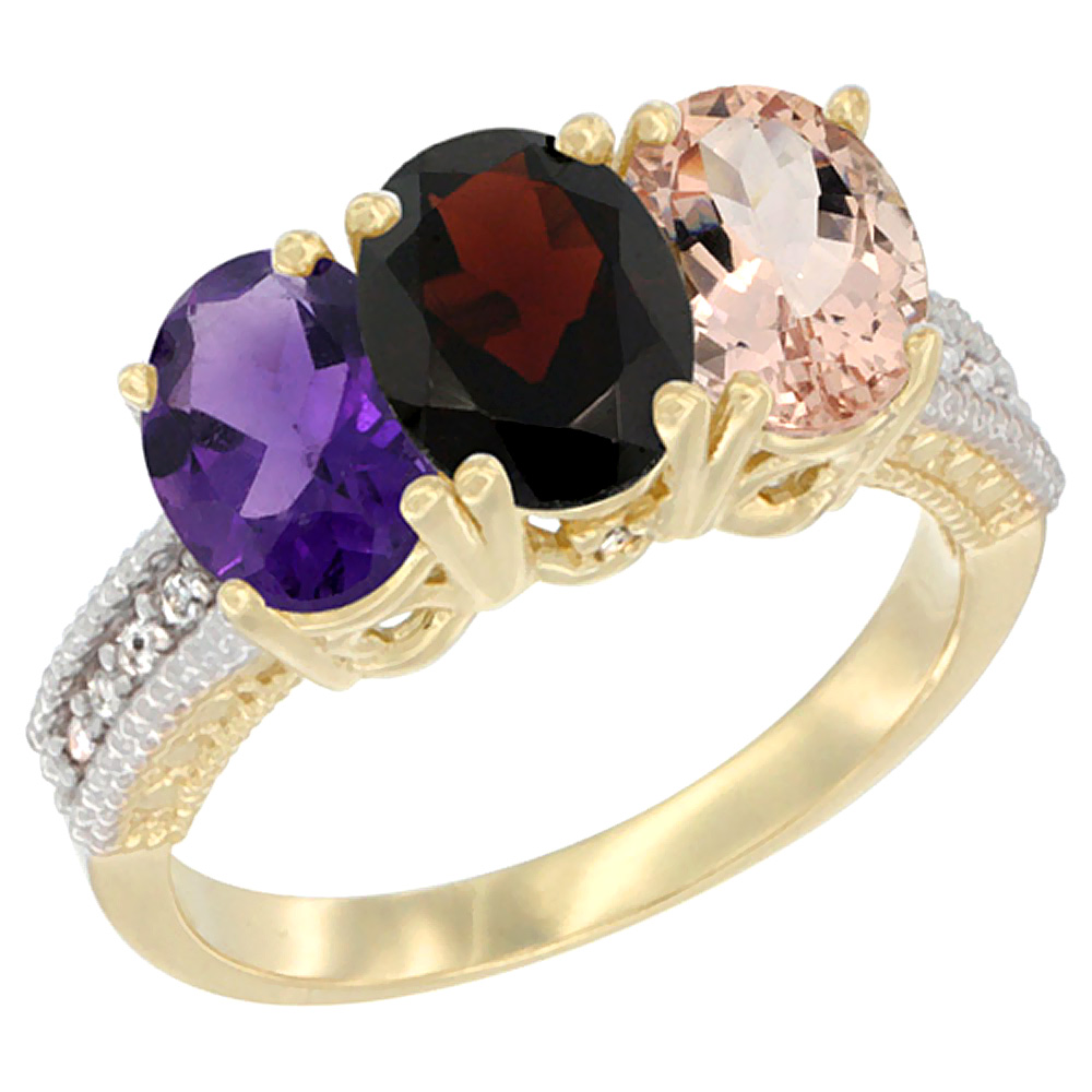 14K Yellow Gold Natural Amethyst, Garnet &amp; Morganite Ring 3-Stone 7x5 mm Oval Diamond Accent, sizes 5 - 10