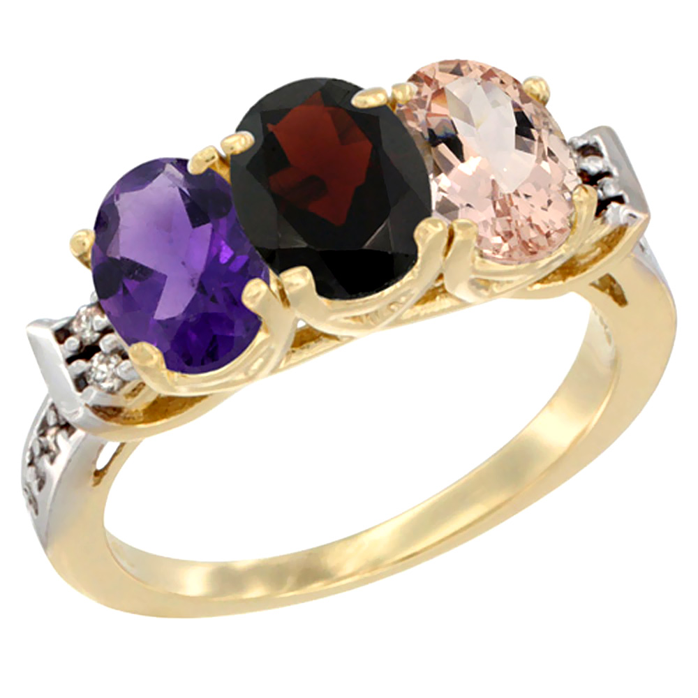 10K Yellow Gold Natural Amethyst, Garnet &amp; Morganite Ring 3-Stone Oval 7x5 mm Diamond Accent, sizes 5 - 10