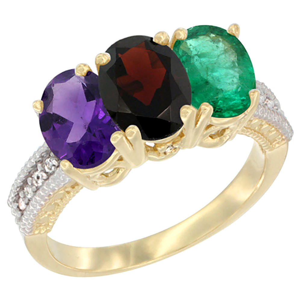 14K Yellow Gold Natural Amethyst, Garnet & Emerald Ring 3-Stone 7x5 mm Oval Diamond Accent, sizes 5 - 10