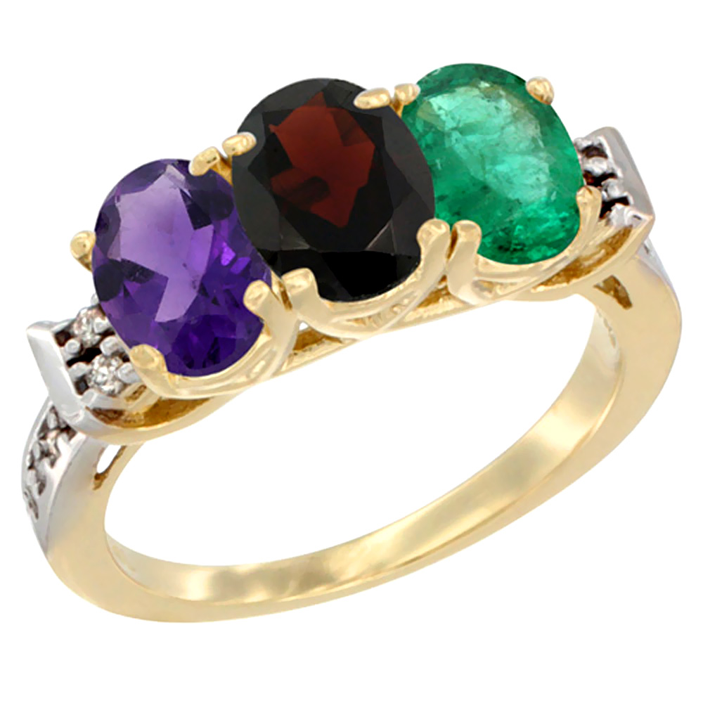 10K Yellow Gold Natural Amethyst, Garnet &amp; Emerald Ring 3-Stone Oval 7x5 mm Diamond Accent, sizes 5 - 10