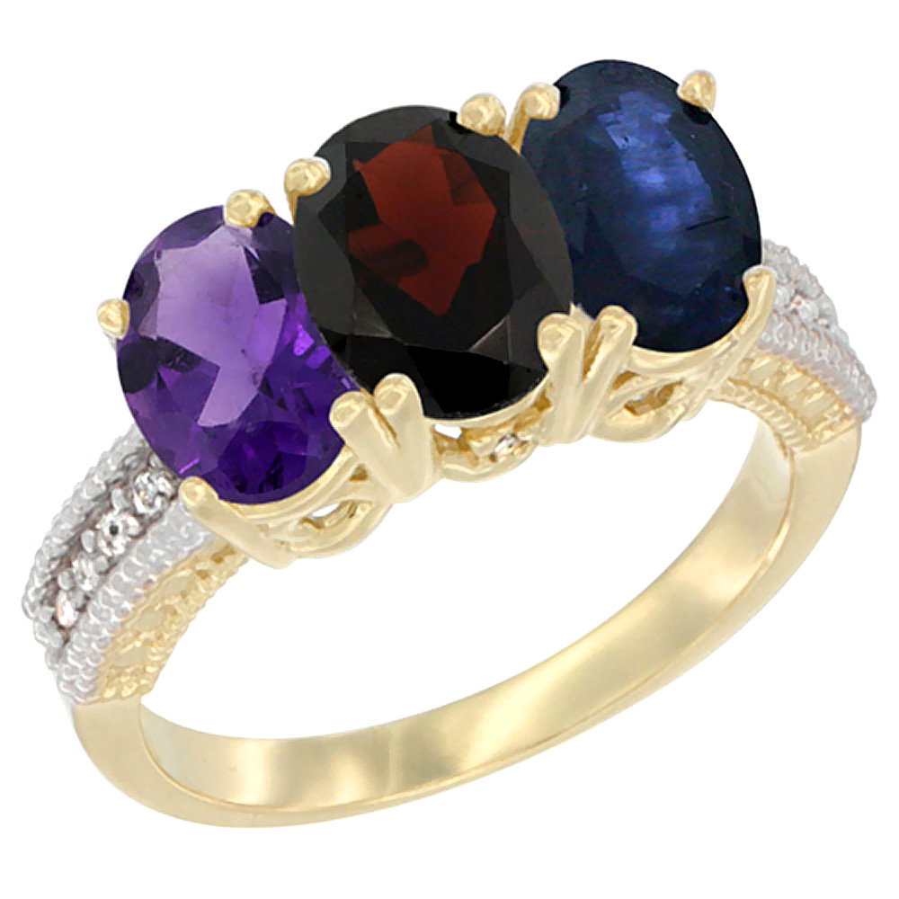 14K Yellow Gold Natural Amethyst, Garnet &amp; Blue Sapphire Ring 3-Stone 7x5 mm Oval Diamond Accent, sizes 5 - 10